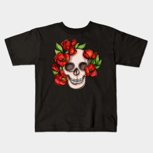 Minimalistic Continuous Line Skull with Poppies Kids T-Shirt